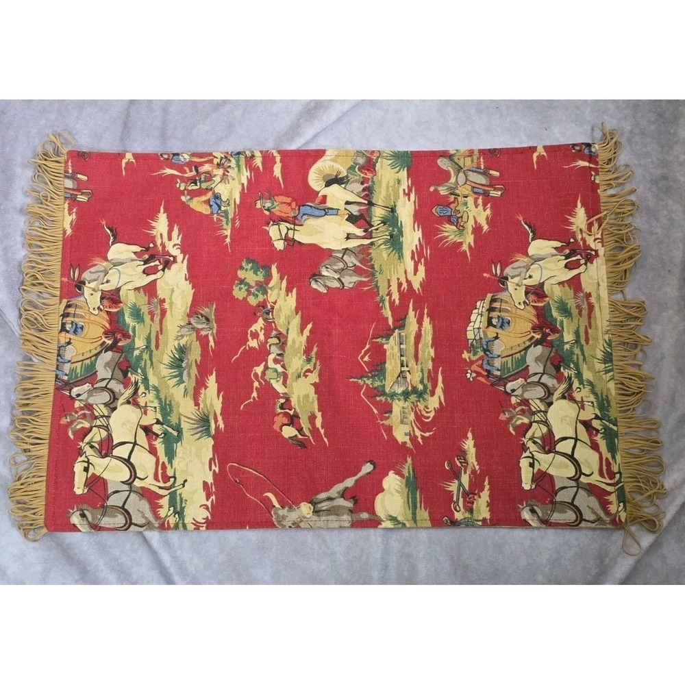 4 Western Cowboy Placemats Set Red Stagecoach Lasso Fringed Faux Leather VTG